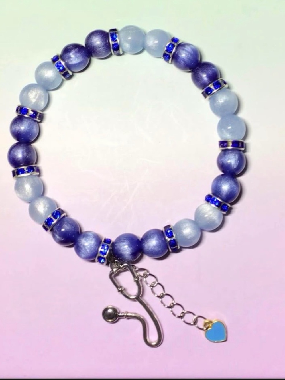 Blue Gradient Beaded Bracelet with Heart Charm